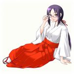  adjusting_eyewear arm_support bangs breasts glasses hair_ribbon hakama japanese_clothes large_breasts long_hair long_sleeves looking_at_viewer low_ponytail mekata_nui miko new_year original parted_bangs parted_lips purple_eyes purple_hair red-framed_eyewear red_hakama ribbon sandals semi-rimless_eyewear simple_background sitting smile solo tabi under-rim_eyewear white_background white_legwear yaso_shigeru 