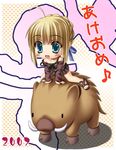  2007 ahoge artoria_pendragon_(all) blonde_hair boar chibi chinese_zodiac dress fate/stay_night fate_(series) green_eyes hiya long_sleeves new_year ribbon saber sandals solo year_of_the_pig 