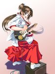  :d amplifier blue_eyes brown_hair electric_guitar guitar h_kamome hakama instrument japanese_clothes long_hair miko new_year open_mouth original red_hakama smile socks solo tabi 