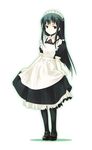  apron black_eyes black_hair black_legwear copyright_request dasoku_sentarou expressionless full_body holding_skirt long_hair maid maid_headdress mary_janes pantyhose shoes short_sleeves simple_background solo standing white_background 