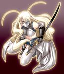  antenna_hair armor blonde_hair chiba_toshirou eyepatch gloves jubei-chan katana kneeling long_hair mask midriff secret_of_the_lovely_eyepatch solo squatting sword weapon yagyuu_freesia 