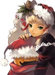  berries berry blonde_hair christmas frills green_eyes hair_ornament hair_ribbon hat japonica pine_cone pumpkin ribbon santa santa_costume smile 