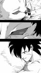  1boy bah_(dragon_ball) black_eyes black_hair boots broly_(dragon_ball_super) close-up comic dragon_ball dragon_ball_super_broly greyscale highres hug light_smile looking_down male_focus monochrome scar shaded_face sparkling_eyes tako_jirou 