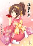  alcohol brown_hair drunk japanese_clothes kimono long_sleeves new_year sake short_hair solo suzumiya_haruhi suzumiya_haruhi_no_yuuutsu uehiro 