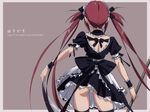  airi_(queen's_blade) ass black_legwear from_behind long_hair maid panties queen's_blade red_hair scythe solo takamura_kazuhiro thighhighs twintails underwear very_long_hair wallpaper white_panties 