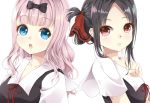  2girls :o bangs black_bow black_dress black_hair blue_eyes blush bow cenruier collarbone dress eyebrows_visible_through_hair finger_to_chin folded_ponytail fujiwara_chika hair_bow hair_ribbon highres index_finger_raised kaguya-sama_wa_kokurasetai_~tensai-tachi_no_renai_zunousen~ long_hair looking_at_viewer looking_away multiple_girls open_mouth parted_bangs pink_hair red_eyes red_ribbon ribbon shinomiya_kaguya shiny shiny_hair short_sleeves simple_background wavy_hair white_background white_sleeves 