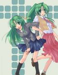  artist_request green_eyes green_hair half_updo higurashi_no_naku_koro_ni long_sleeves multiple_girls one_eye_closed ponytail siblings sisters sonozaki_mion sonozaki_shion twins 