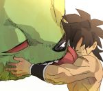  1boy bah_(dragon_ball) black_hair broly_(dragon_ball_super) close-up crying dragon_ball dragon_ball_super_broly expressionless face_licking hair_over_eyes height_difference hug licking no_eyes scar shaded_face shirtless simple_background tako_jirou tears tongue tongue_out upper_body white_background wristband 