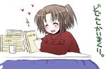  blush brown_hair closed_eyes copyright_request cup doujinshi hair_ornament kotatsu long_sleeves nakajima_yuka open_mouth short_hair simple_background smile solo table translated 