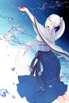  1girl blue_hakama cup gradient gradient_background hair_ornament hakama highres holding holding_cup japanese_clothes kaga_(warship_girls_r) kimono long_hair obi ponytail sakazuki sash sidelocks silver_hair solo very_long_hair warship_girls_r white_kimono wide_sleeves xiao_shei.. 