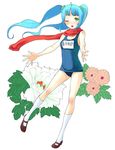  ;d artist_request blue_hair chrysanthemum copyright_request floral_background flower full_body green_eyes name_tag one-piece_swimsuit one_eye_closed open_mouth peony_(flower) red_scarf scarf school_swimsuit smile socks solo standing swimsuit twintails white_legwear 