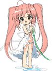  ahoge barefoot black_eyes blush chibi copyright_request dress flat_chest frills hose long_hair mibu_natsuki open_clothes open_mouth panties pink_hair sketch solo twintails underwear very_long_hair water wet white_panties 