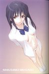  barefoot black_hair bottomless bow bow_panties breasts feet highres lipstick long_hair long_sleeves makeup medium_breasts misaki_shizuno navel no_bra open_clothes open_shirt panties purple_eyes shirt solo standing tanaka_takayuki underwear white_panties zegapain 