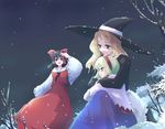  alice_margatroid bare_tree blonde_hair blue_dress capelet cowboy_shot detached_sleeves dress frilled_shirt_collar frills hakurei_reimu hat hug kirisame_marisa long_sleeves looking_at_viewer multiple_girls night night_sky outdoors plant red_dress sitting sky snow snowing takanashi_akihito touhou tree wide_sleeves winter witch_hat 