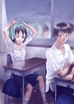  1girl arimura_yuu original reflection school_uniform shirt short_hair sitting socks towel wet wet_clothes wet_shirt wince 