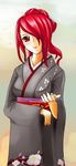  hair_over_one_eye japanese_clothes kimono kirijou_mitsuru long_hair long_sleeves mizuno_kakeru persona persona_3 red_eyes red_hair solo 