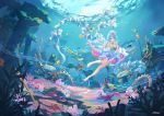  1girl :d animal armpits artist_name atdan bangs bare_legs bare_shoulders barefoot blue_dress blue_eyes blue_hair bracelet breasts cleavage commentary coral coral_reef day dress fish frilled_dress frills hair_between_eyes haiyi hat highres jellyfish jewelry long_hair looking_at_viewer medium_breasts ocean ocean_bottom open_mouth outdoors outstretched_hand pillar ruins school_of_fish seaweed sleeveless sleeveless_dress smile solo statue strapless strapless_dress underwater vocaloid wide_shot 
