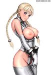  areolae blonde_hair blue_eyes blush braid breasts hair_over_shoulder large_breasts long_hair nipples original ryu_(ryu's_former_site) science_fiction solo thighhighs twin_braids 