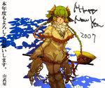  2007 axe braid copyright_request green_hair horns lowres multicolored_hair new_year solo twin_braids weapon yamatake_lao 
