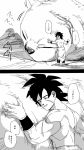  ... 1boy bah_(dragon_ball) black_eyes black_hair broly_(dragon_ball_super) comic dragon_ball dragon_ball_super_broly facing_away fingernails full_body greyscale height_difference highres hug light_smile looking_down male_focus monochrome scar shaded_face shirtless smile speech_bubble standing tako_jirou translation_request wristband 