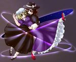  blonde_hair bow brown_eyes brown_hair dancing dress grin hair_over_one_eye hat hat_bow holding holding_hands jerry long_sleeves magical_astronomy maribel_hearn mary_janes mob_cap multiple_girls purple_dress red_footwear shoes smile star surprised touhou usami_renko yellow_eyes 