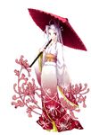  aqua_eyes chrysanthemum copyright_request floral_background floral_print flower full_body furisode hair_ornament hair_stick japanese_clothes kimono looking_at_viewer mizuhara_mei oriental_umbrella red_umbrella silver_hair solo standing umbrella white_background 