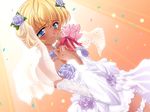  blonde_hair blue_flower blue_rose blush bridal_veil bride confetti dark_skin dress dutch_angle flower game_cg ganguro garters jewelry mizuki_(quilt) necklace quilt_(game) rose short_hair solo sugiyama_genshou tears veil wedding_dress 