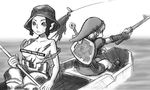  1girl artist_request bar_censor boat breasts censored fishing_rod greyscale hat hena holding holding_fishing_rod link lure medium_breasts monochrome pointy_ears shield sword tearing_clothes the_legend_of_zelda the_legend_of_zelda:_twilight_princess torn_clothes watercraft weapon 