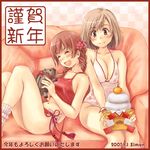  2girls camisole chinese_zodiac crop_top kagami_mochi multiple_girls new_year one-piece_swimsuit original panties red_panties saimon socks swimsuit underwear underwear_only white_legwear year_of_the_pig 