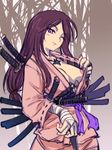  bandages breasts forest japanese_clothes jewelry katana kunai large_breasts lipstick long_hair long_sleeves makeup michael nail_polish nature necklace ninja nipples no_bra one_eye_closed open_clothes open_shirt original purple_eyes purple_hair sheath sheathed shirt shuriken sketch solo sword weapon 