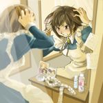  artist_request blush brown_eyes brown_hair copyright_request cosmetics hair_brush hair_brushing long_sleeves lowres maid messy_hair mirror solo 