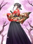  aoyama_motoko bangs black_hair black_hakama blue_eyes blush cherry_blossoms diploma floral_print from_behind hair_ornament hakama japanese_clothes kimono long_sleeves looking_at_viewer looking_back love_hina meiji_schoolgirl_uniform petals pin.x sidelocks smile solo tree tube wind 