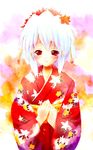  blush flat_chest flower japanese_clothes kimono kotonomiya_yuki long_sleeves obi red_eyes saeki_touma sash smile solo suigetsu white_hair 