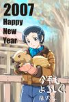  2007 blue_eyes blue_hair boar chinese_zodiac copyright_request denden hair_ornament hairclip happy_new_year kotoyoro long_sleeves new_year short_hair solo year_of_the_pig 