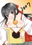  2007 annin_(almond_jelly) black_hair breasts food fruit japanese_clothes kagami_mochi large_breasts long_sleeves lowres mandarin_orange miko new_year oppai_mochi original purple_eyes sanbou solo watermark web_address 