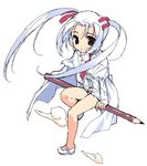  bare_legs blue_hair copyright_request dress full_body long_sleeves looking_at_viewer mary_janes mibu_natsuki necktie no_legwear oversized_object pencil red_neckwear shoes short_hair simple_background solo standing twintails white_dress 
