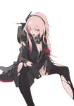  1girl bangs breasts commentary_request damaged feet_out_of_frame girls_frontline gloves hair_between_eyes headgear jacket long_hair looking_at_viewer m4_sopmod_ii_(girls_frontline) multicolored_hair pink_hair red_eyes red_hair reroi simple_background solo streaked_hair torn_clothes torn_legwear white_background 