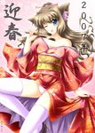  2007 akino_shin animal_ears cat_ears copyright_request japanese_clothes kimono long_sleeves new_year panties solo thighhighs underwear white_legwear white_panties 