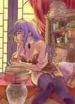  bare_shoulders blush book breasts cleavage dress garter_straps glasses highres lace lace-trimmed_thighhighs large_breasts legs lingerie long_hair morii_shizuki necktie purple_hair ragnarok_online sitting sketch solo thighhighs thighs underwear 