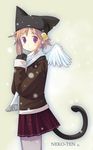  animal_ears animal_hat bell black_gloves cat_ears cat_hat cat_tail copyright_request fringe_trim from_side fujishiro_touma gloves hair_bell hair_ornament hat jingle_bell long_sleeves pantyhose plaid plaid_skirt scarf skirt snowing solo tail white_scarf white_wings wings 