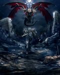  anonamos character_request crossover destruction dragon gen_lock glowing glowing_eye glowing_eyes grimm highres holon_(gen_lock) mecha mechanical monster moon multiple_heads multiple_wings night night_sky red_eyes robot rwby sky wings 