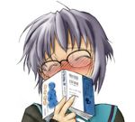  bangs barcode blush book colorized cropped exif_thumbnail_surprise face glasses kita_high_school_uniform long_sleeves nagato_yuki school_uniform short_hair solo suzumiya_haruhi_no_yuuutsu utatane_hiroyuki 