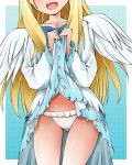  1girl :d angel_wings ass_visible_through_thighs blonde_hair blue_dress collarbone commentary_request cover dr_rex dress dress_lift fake_cover feathered_wings firo_(tate_no_yuusha_no_nariagari) frilled_panties frills gradient gradient_clothes gradient_dress head_out_of_frame lifted_by_self long_hair open_mouth panties sidelocks smile solo tate_no_yuusha_no_nariagari underwear very_long_hair white_dress white_panties white_wings wings 