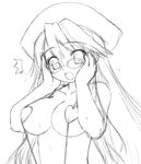  aty_(summon_night) beret breasts embarrassed glasses greyscale haga_yui hat heart large_breasts long_hair monochrome non-web_source open_mouth sketch slingshot_swimsuit solo summon_night summon_night_3 swimsuit 