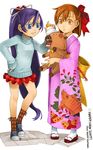  &gt;:) 2girls :o anger_vein angry animal animal_print argyle argyle_legwear artist_name asymmetrical_bangs bangs bell blue_eyes boar brown_hair butterfly_print chinese_zodiac copyright_request floral_print food fruit full_body grin hair_ribbon half_updo hand_on_hip happy_new_year holding holding_animal japanese_clothes jingle_bell kagami_mochi kimono long_hair long_sleeves mandarin_orange miniskirt multiple_girls new_year orange_eyes pigeon-toed ponytail purple_hair red_ribbon red_skirt ribbon sandals simple_background skirt sleeves_past_wrists smile socks standing sweater tabi v-shaped_eyebrows very_long_hair white_background white_legwear year_of_the_pig yokoyama_yasushi zouri 