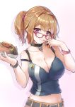  1girl alternate_costume alternate_hairstyle belt bespectacled bracelet breasts brown_hair choker cleavage cowboy_shot finger_to_mouth food girls_frontline glasses grizzly_mkv_(girls_frontline) hamburger highres jewelry large_breasts midriff navel peace_symbol potato_tacos purple_eyes short_ponytail shorts solo tank_top 