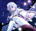  bench blue_eyes blue_hair braid dutch_angle from_below haruka_ni_aogi_uruwashi_no hat long_hair long_sleeves night sitting snow snowing solo takatsuki_tonoko tears thighhighs tomo_no_shippo white_legwear winter 