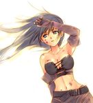  bare_shoulders belt black_hair blood blood_on_face blue_eyes breasts bustier cleavage elbow_gloves empty_eyes gloves lingerie long_hair medium_breasts original simple_background solo touto_seiro underwear 