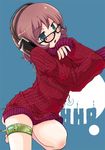  blue_eyes bottomless brown_hair glasses headphones kaisanbutsu long_sleeves original solo sweater 