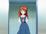  arms_behind_back artist_request blue_dress blue_eyes brown_hair door dress head_tilt indoors long_hair looking_at_viewer neon_genesis_evangelion school_uniform shirt short_sleeves smile solo souryuu_asuka_langley walk-in white_shirt 